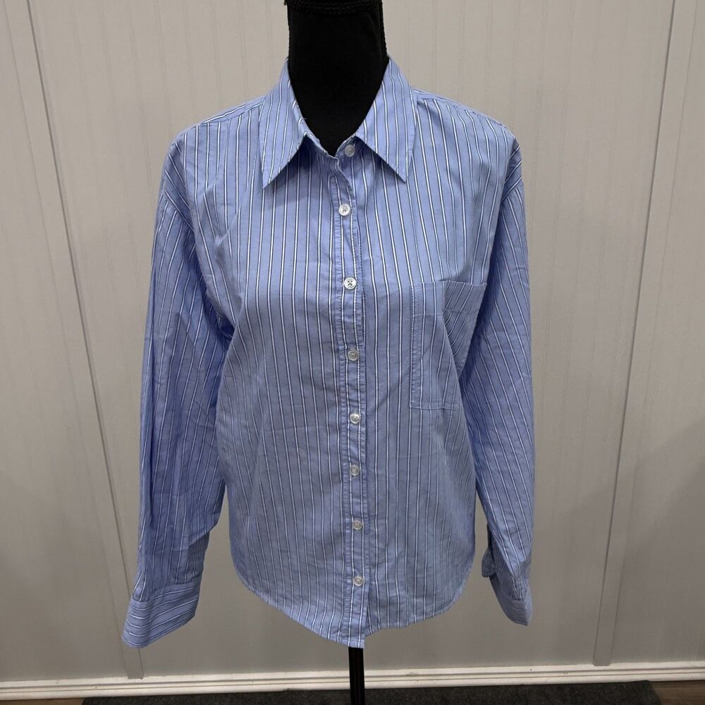 Anthropologie Maeve Women's Medium Blue Striped Oversized Button-Front Shirt